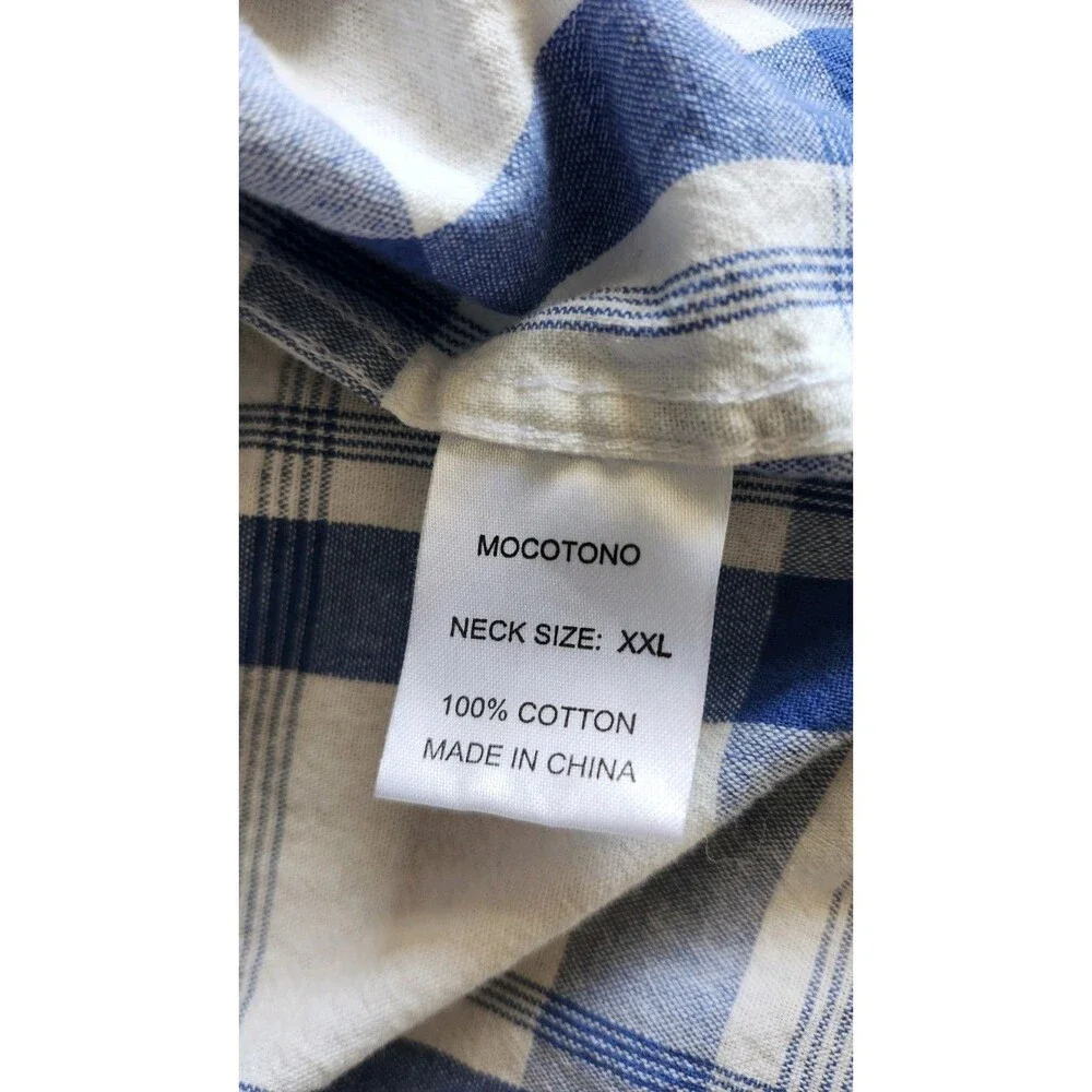 Mocotono Mens 2X White Blue Plaid Button Up Long Sleeve Shirt 100% Cotton Casual - Picture 8 of 9